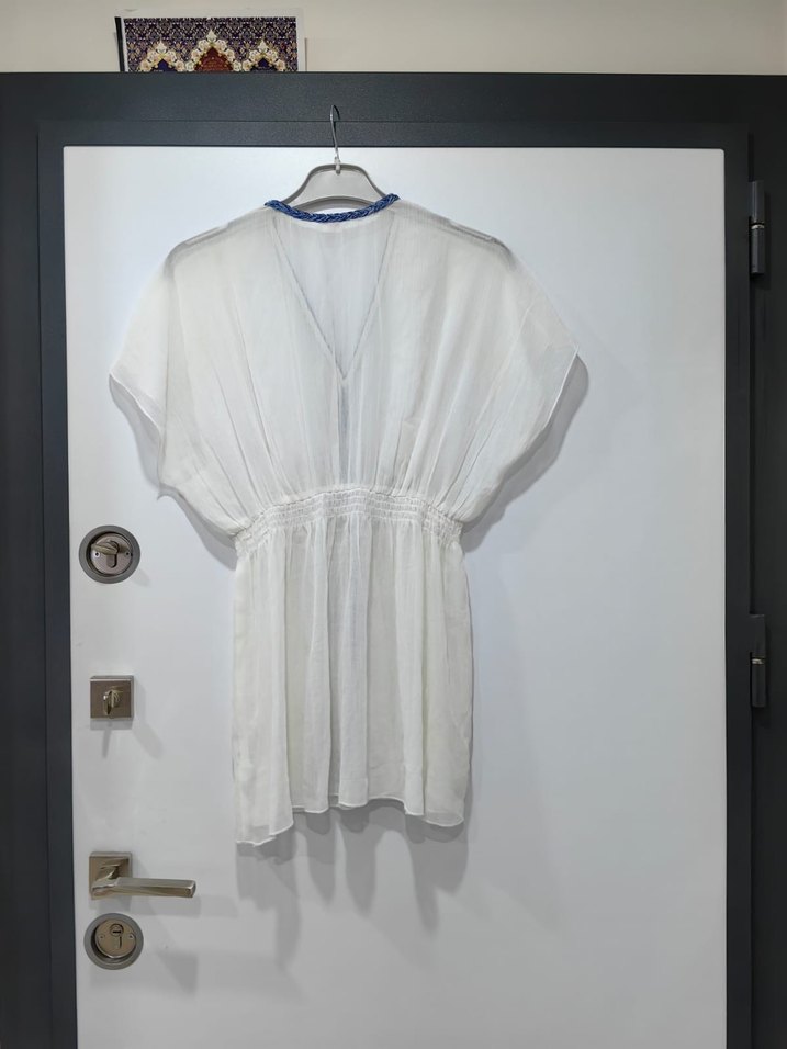 Beyaz Bohem Kısa Kollu Mini Plaj Elbisesi - Görsel 3