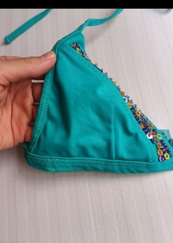s Beden turkuaz Renk Boncuk İşlemeli Turkuaz Bikini Üstü