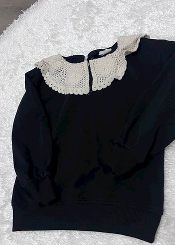 5 Yaş Beden siyah Renk Dantel Yakalı Siyah Kız Sweatshirt