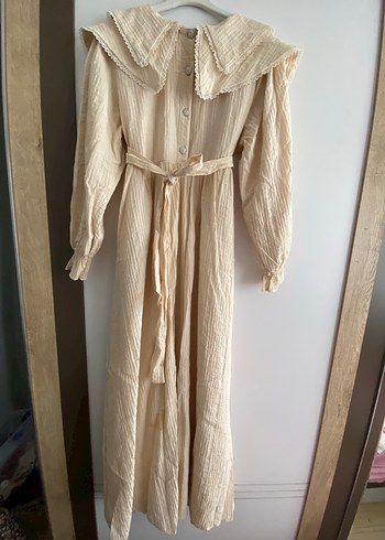Diğer Düğmeli Bej Keten Vintage Uzun Elbise