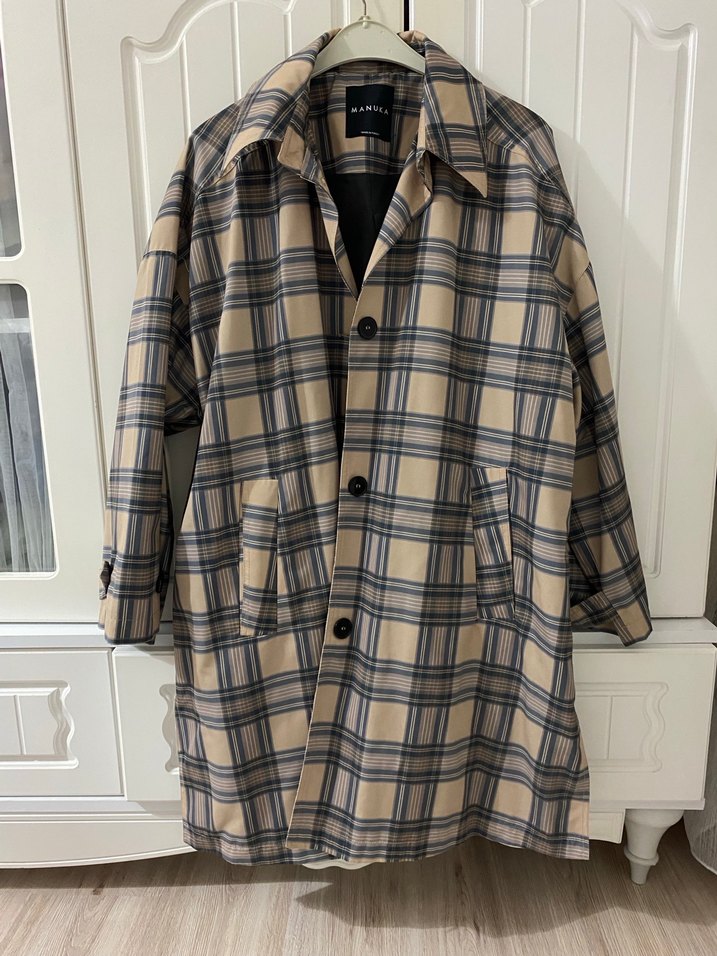 Bej Ekose Düğmeli Midi  Kaban - Görsel 3