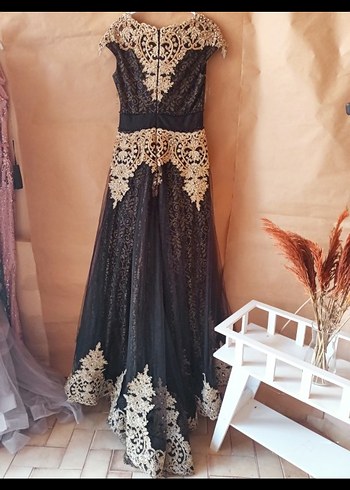 Dantel İşlemeli Siyah Uzun Abiye Elbise - Görsel 2