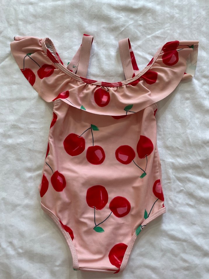 Kırmızı Kiraz Desenli Pembe Kız Mayo - Görsel 3