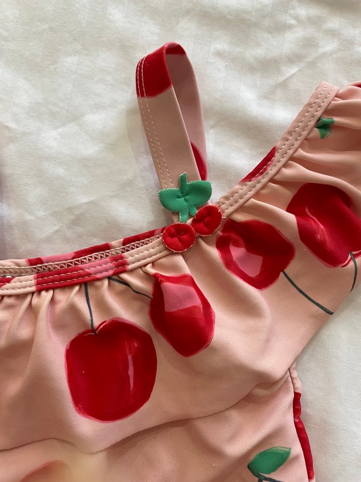 Kırmızı Kiraz Desenli Pembe Kız Mayo - Görsel 2