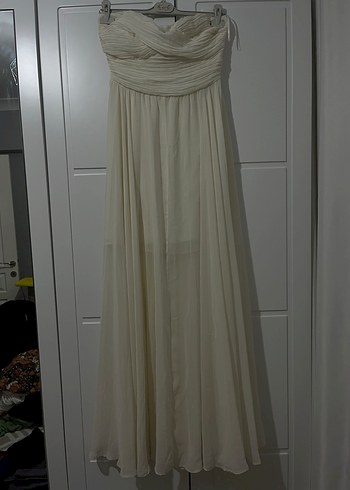 Beyaz Straplez Uzun Abiye Elbise nişan nikah bride elbisesi - Görsel 2