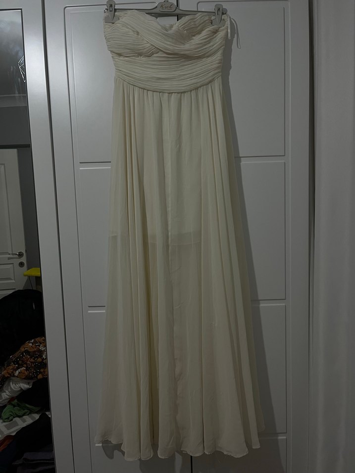 Beyaz Straplez Uzun Abiye Elbise nişan nikah bride elbisesi - Görsel 2