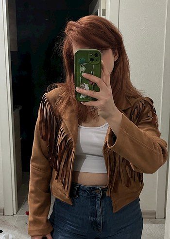 Kahverengi Süet Püsküllü Kadın kovboy Ceket - Görsel 8