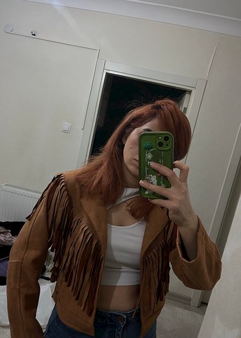 Kahverengi Süet Püsküllü Kadın kovboy Ceket - Görsel 6