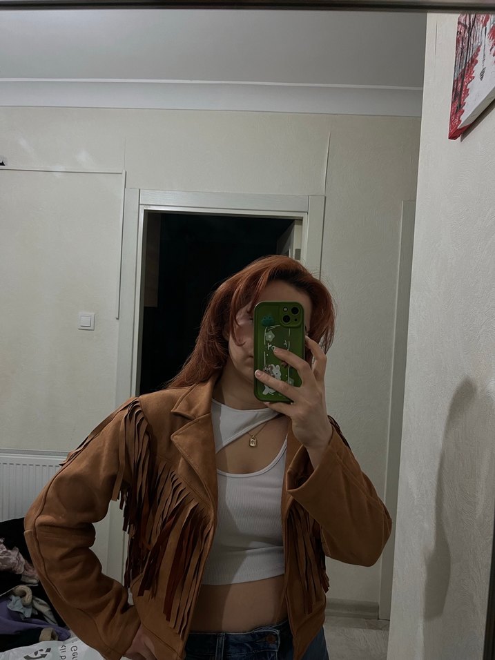 Kahverengi Süet Püsküllü Kadın kovboy Ceket - Görsel 5