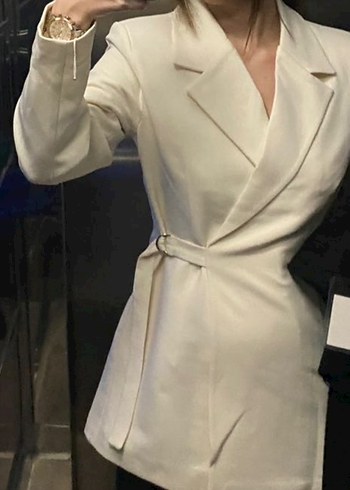 Beyaz Kemerli Regular Fit Kadın Blazer Ceket - Görsel 4