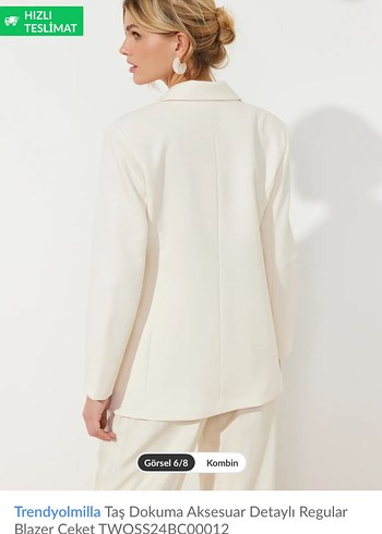 Beyaz Kemerli Regular Fit Kadın Blazer Ceket - Görsel 3