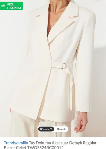 Beyaz Kemerli Regular Fit Kadın Blazer Ceket - Görsel 2