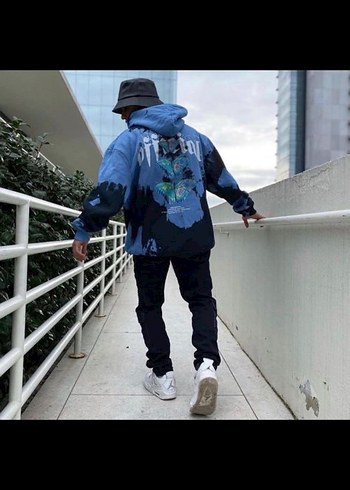Diğer Erkek Kapüşonlu Mavi Batik Desenli Sweatshirt