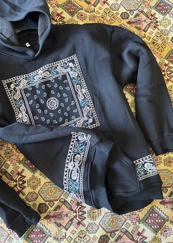 Diğer Bohem Siyah Kapüşonlu Baskılı Sweatshirt