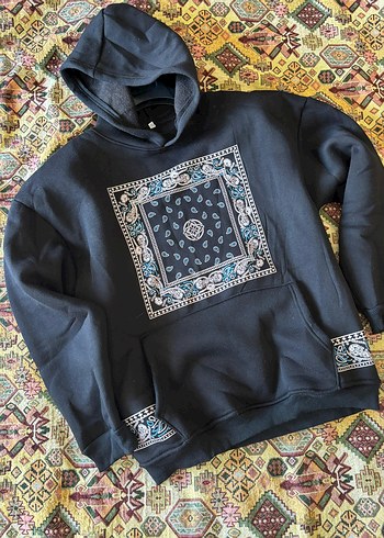 Bohem Siyah Kapüşonlu Baskılı Sweatshirt