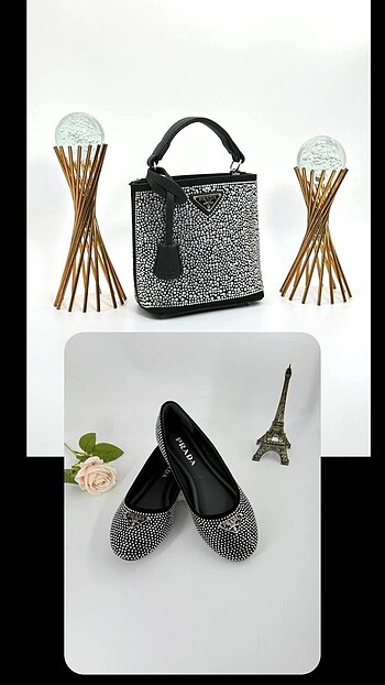 Prada taşlı babet çanta set