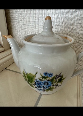 Mavi Çiçek Desenli Beyaz  Demlik - Görsel 2