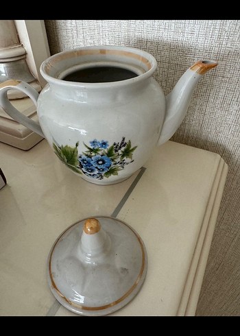 Mavi Çiçek Desenli Beyaz  Demlik - Görsel 4