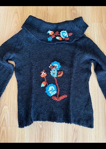 Nakışlı Bohem Siyah Kadın Kazak - Görsel 3