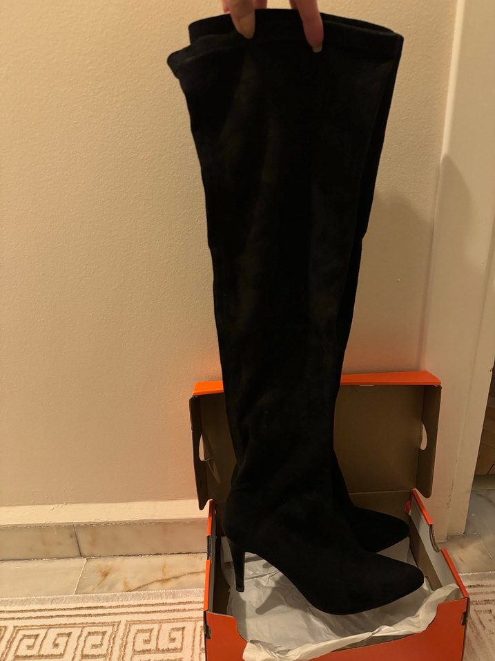 Siyah Süet Dizüstü İnce Topuklu çizme - Görsel 2