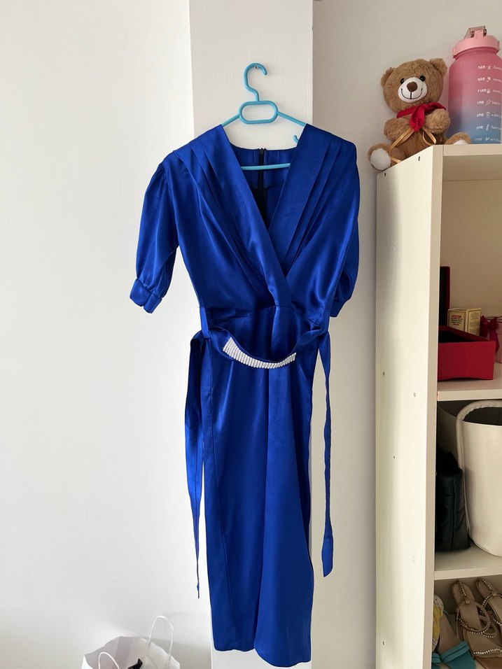 Parlak Mavi Midi Kadın Elbise - Görsel 3