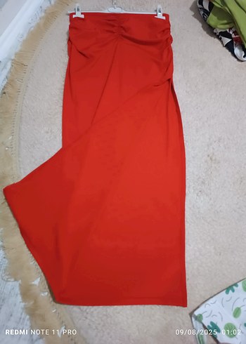 Kırmızı Drapeli Uzun Straplez Etek - Görsel 6