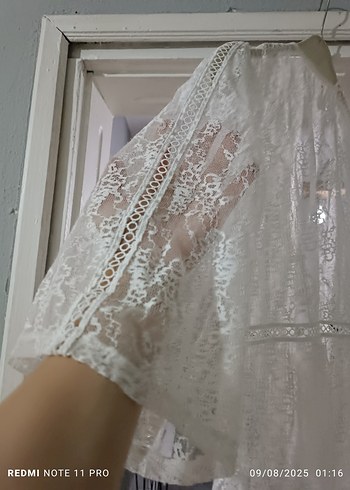 Beyaz Bohem Midi Dantel Elbise - Görsel 6