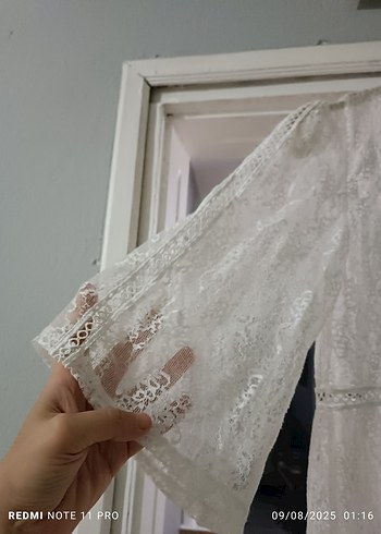 Beyaz Bohem Midi Dantel Elbise - Görsel 5