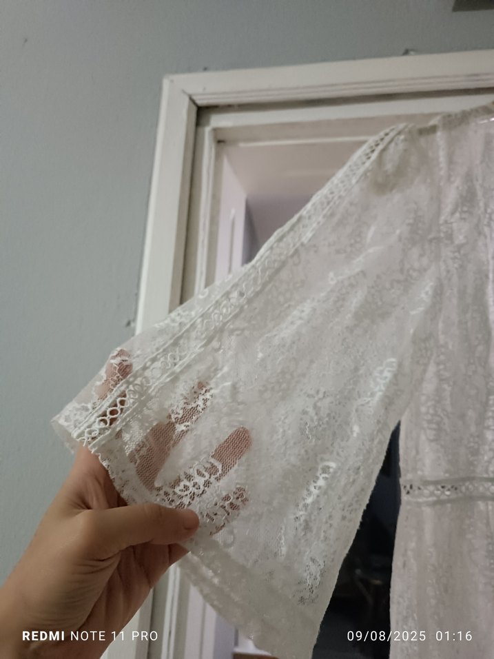 Beyaz Bohem Midi Dantel Elbise - Görsel 5