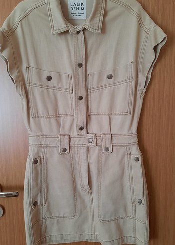 Bej Düğmeli Kolsuz Denim Tulum