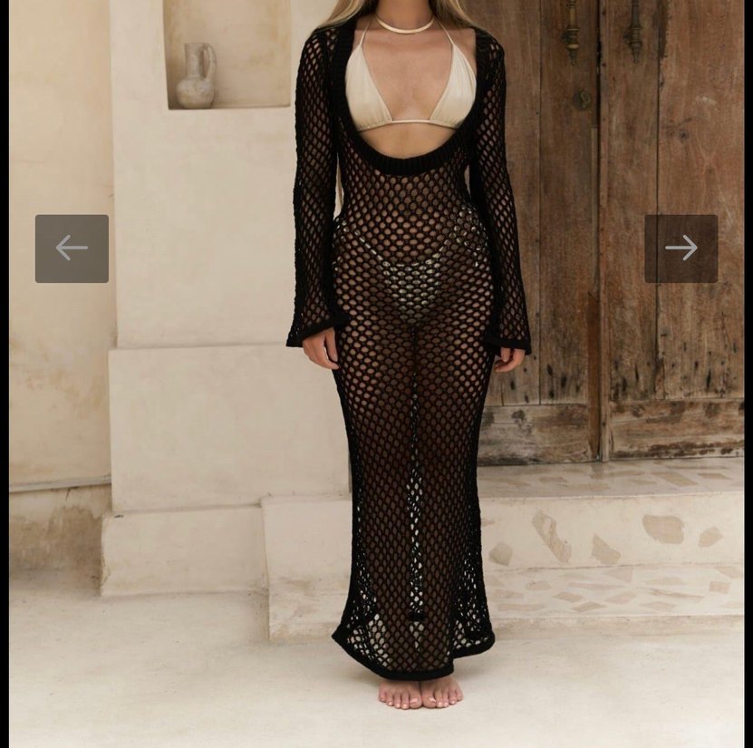 Uzun Siyah Örgü Bohem Dantel Elbise - Görsel 2