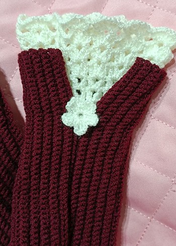 Dantel Detaylı Bordo Örgü Kadın Eldiveni - Görsel 2
