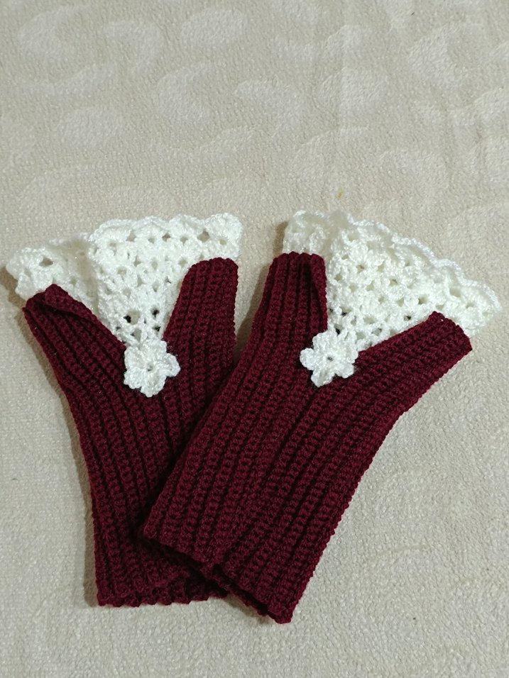 Dantel Detaylı Bordo Örgü Kadın Eldiveni - Görsel 5