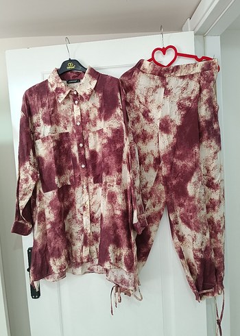 m Beden bordo Renk Bordo Batik Desenli Bol Kesim Keten Gömlek