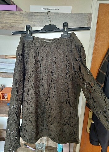 xs Beden haki Renk H&M Kadın Dantelli Bluz