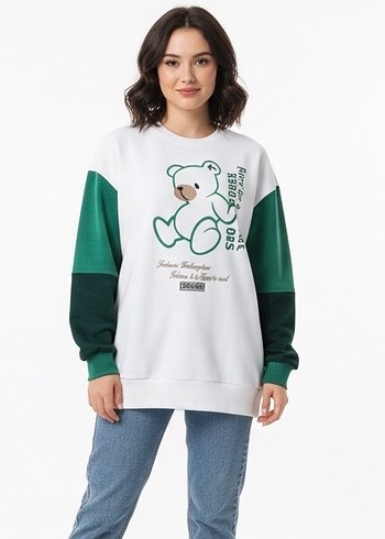 Beyaz Baskılı Pamuklu Kadın Sweatshirt