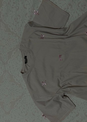 Pudra rengi kurdeleli Nakışlı Oversize Tişört - Görsel 2