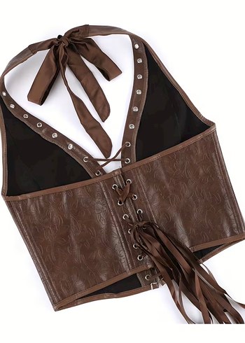 Kahverengi Deri Bağcıklı Göğüs Korsesi - Görsel 2