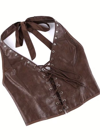 Kahverengi Deri Bağcıklı Göğüs Korsesi - Görsel 3