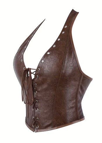 Kahverengi Deri Bağcıklı Göğüs Korsesi - Görsel 4