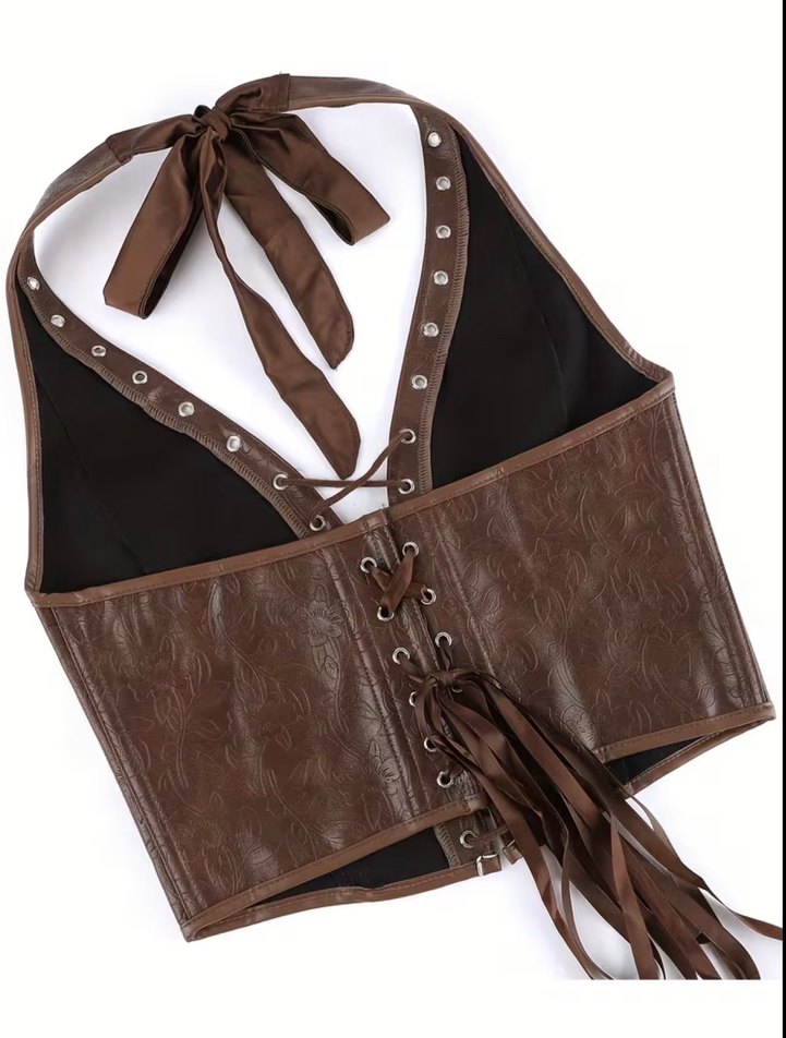Kahverengi Deri Bağcıklı Göğüs Korsesi - Görsel 2