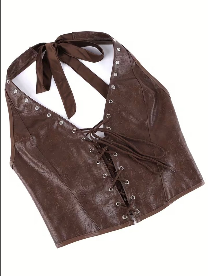 Kahverengi Deri Bağcıklı Göğüs Korsesi - Görsel 3