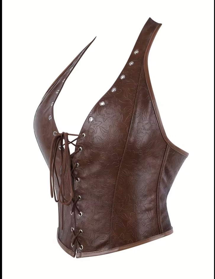 Kahverengi Deri Bağcıklı Göğüs Korsesi - Görsel 4
