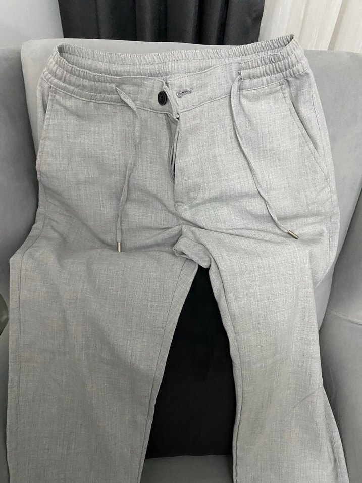 Gri Regular Fit Keten Erkek Pantolon - Görsel 2