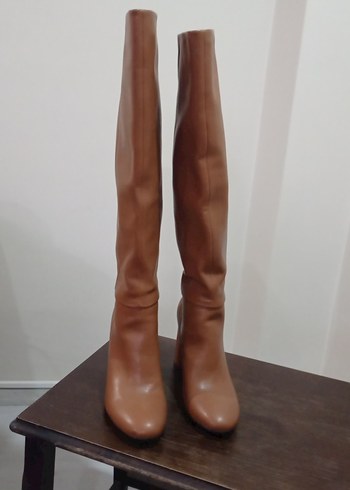 Bej Deri Stiletto Topuklu Dizüstü Kadın Çizme - Görsel 3