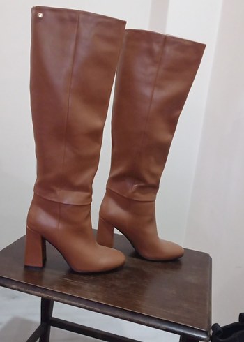 Bej Deri Stiletto Topuklu Dizüstü Kadın Çizme - Görsel 2