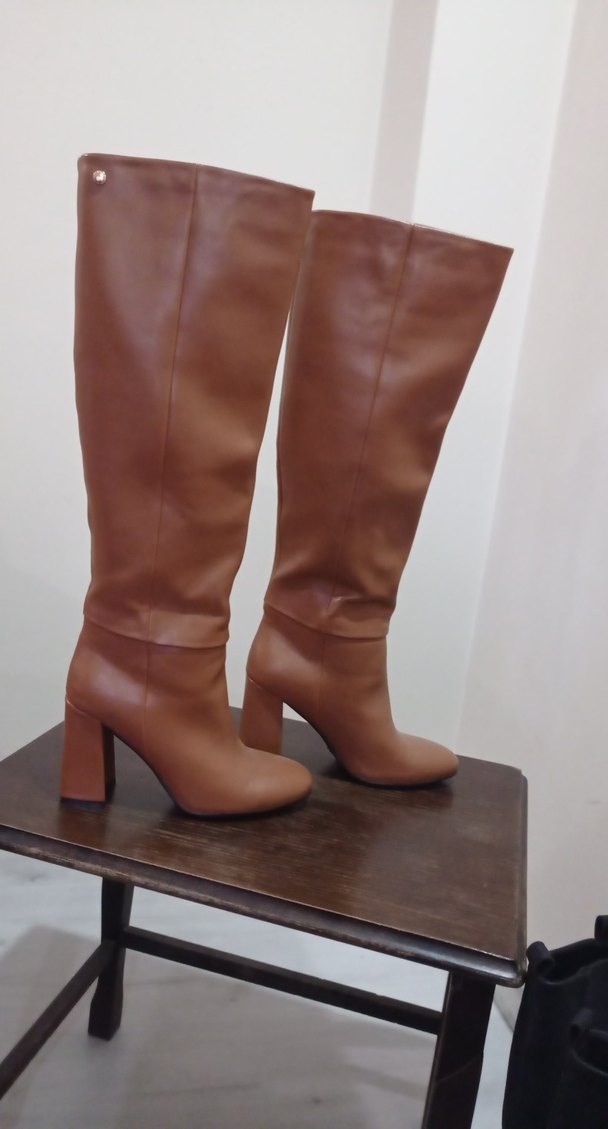 Bej Deri Stiletto Topuklu Dizüstü Kadın Çizme - Görsel 2