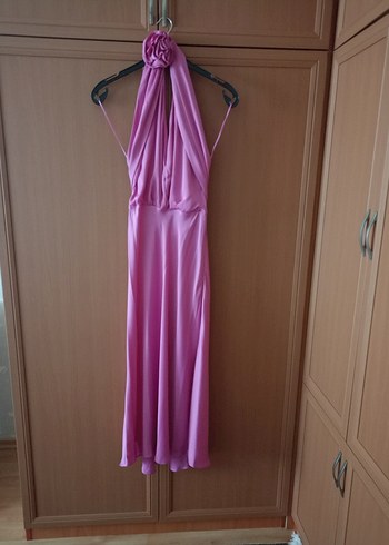 Pembe Drapeli Uzun Abiye Elbise
