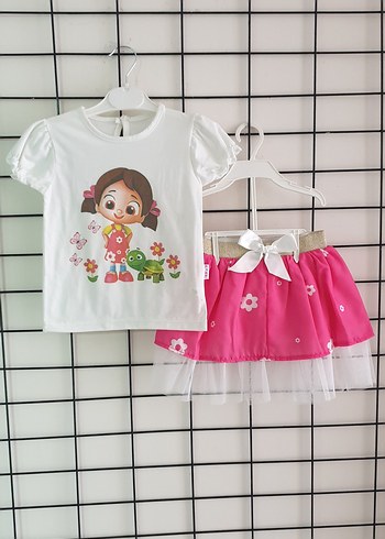 Renkli Baskılı Kız Bebek etek tişört takım