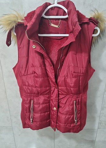 m Beden Kürklü Bordo Kırmızı Kadın Yelek Mont